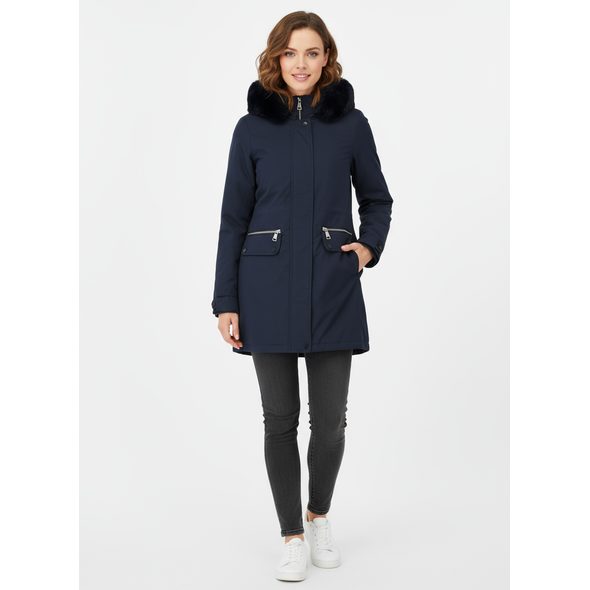Dámska zimná bunda s kapucňou tmavomodrá