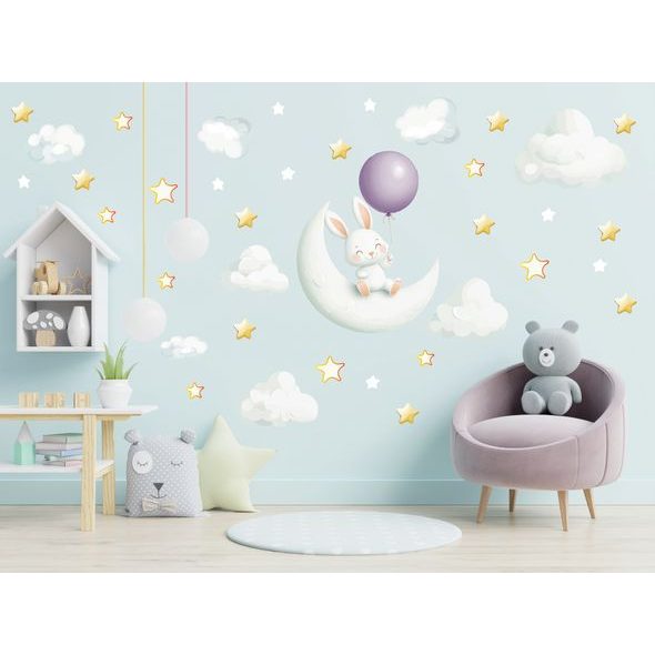 Zajačik s balónikom sediaci na mesiačiku