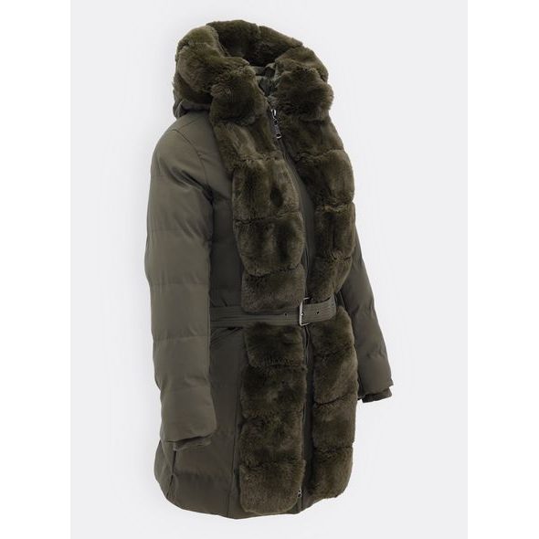 Dámska zimná bunda s kožušinou a opaskom tmavozelená