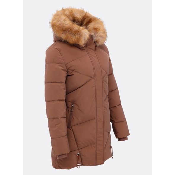 Dámska prešívaná zimná bunda s kapucňou hnedá