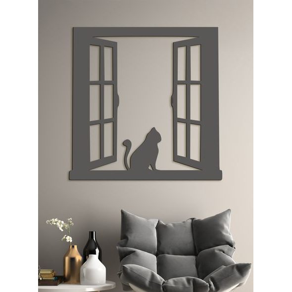 Dřevěný obrázek siluety kočky na okně