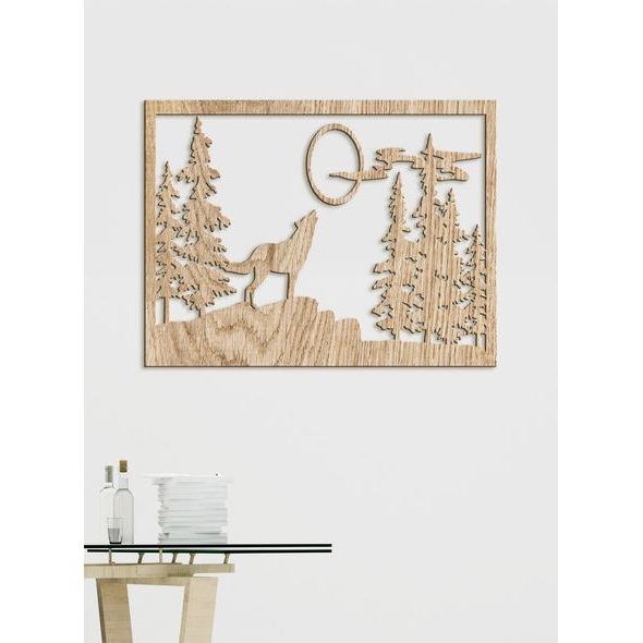 Dřevěný obrázek na stěně vlk