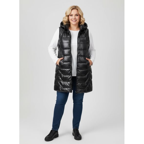 DÁMSKÁ PROŠÍVANÁ VESTA S KAPUCÍ ČERNÁ
