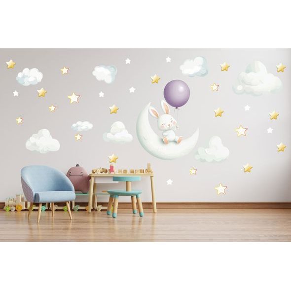 Zajačik s balónikom sediaci na mesiačiku