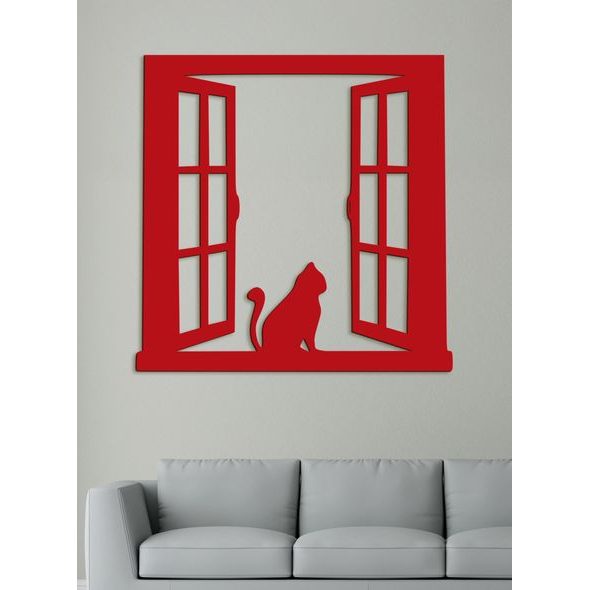 Dřevěný obrázek siluety kočky na okně