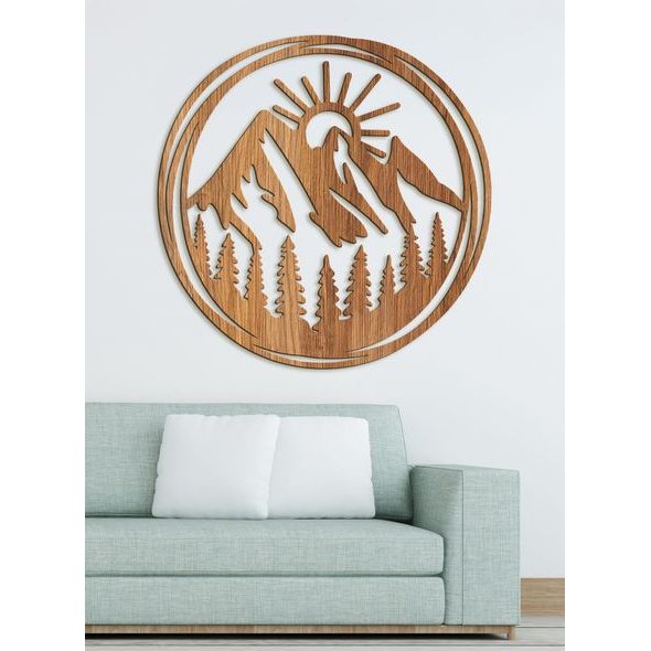 DŘEVĚNÝ OBRAZ VYCHÁZEJÍCÍ SLUNCE NAD HORAMI