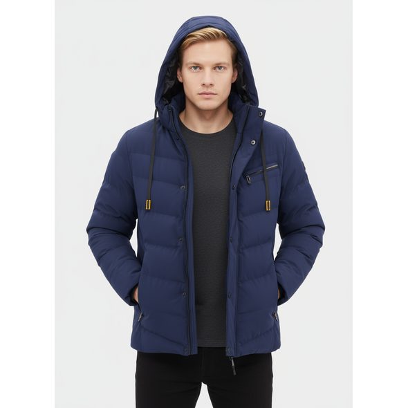 PÁNSKÁ ZIMNÍ BUNDA S KAPUCÍ TMAVĚ MODRÁ