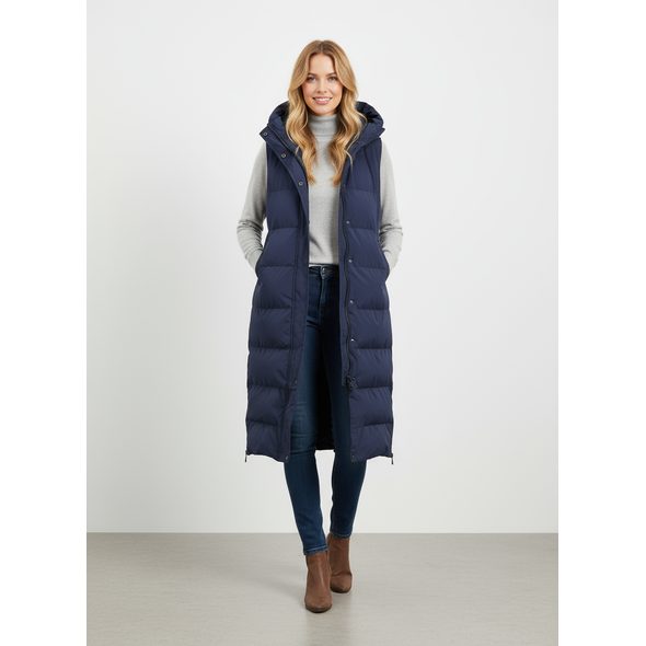 DÁMSKÁ DLOUHÁ PROŠÍVANÁ VESTA S KAPUCÍ TMAVĚ MODRÁ