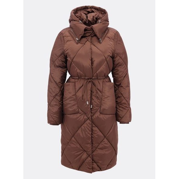 Dámská dlouhá prošívaná bunda s kapucí hnědá