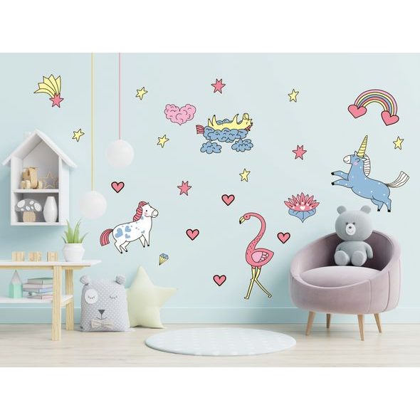 Farebný jednorožci s dúhou