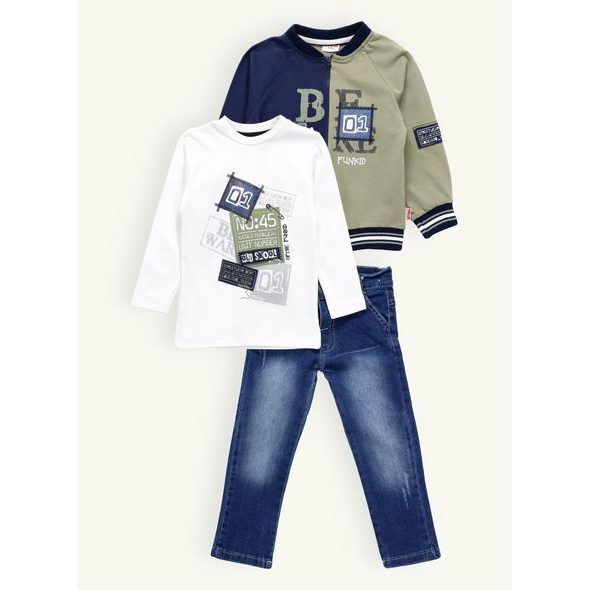 Dětská džínová souprava s potiskem olivovo-modrá