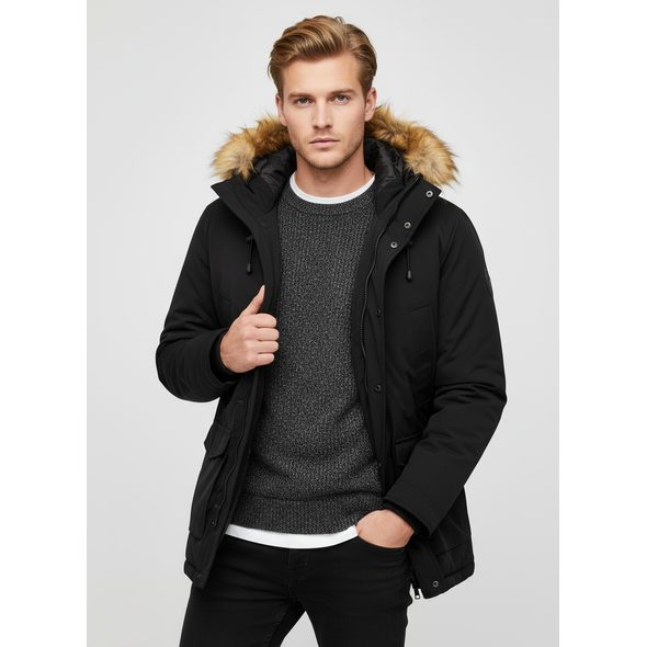 PÁNSKÁ ZIMNÍ BUNDA S KOŽEŠINOU ČERNÁ