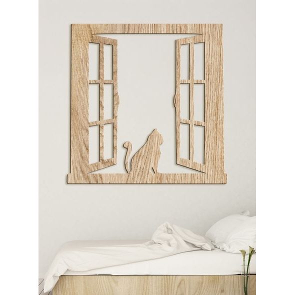 Dřevěný obrázek siluety kočky na okně