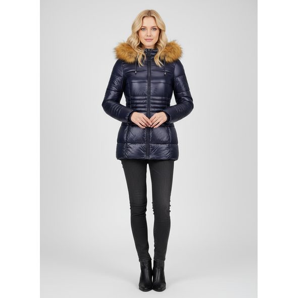 DÁMSKÁ LESKLÁ PROŠÍVANÁ BUNDA TMAVĚ MODRÁ