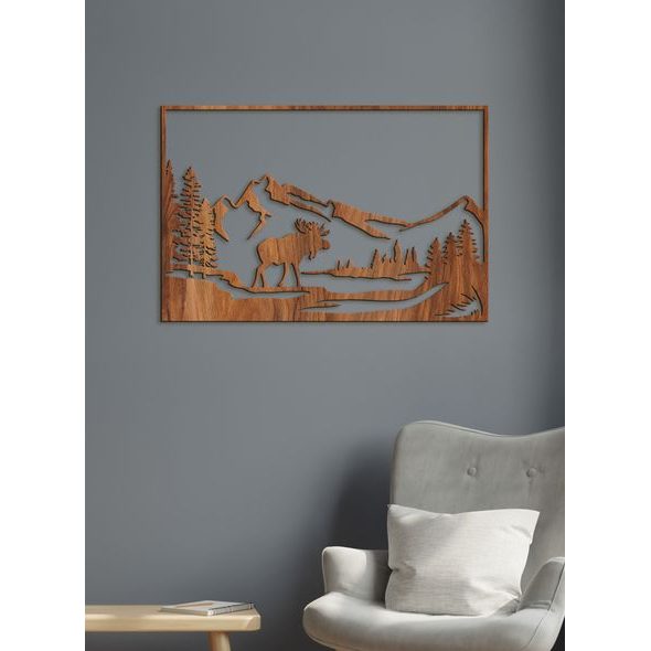 Dřevěný obraz Horská krajina s losem