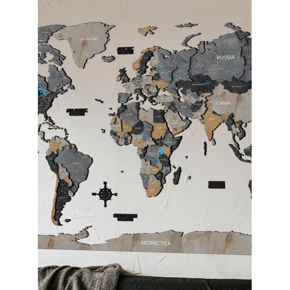 Dřevěná 3D mapa světa s efektem kamene