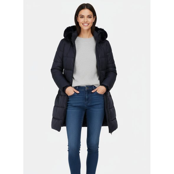 DÁMSKA PREŠÍVANÁ ZIMNÁ BUNDA S KAPUCŇOU TMAVOMODRÁ