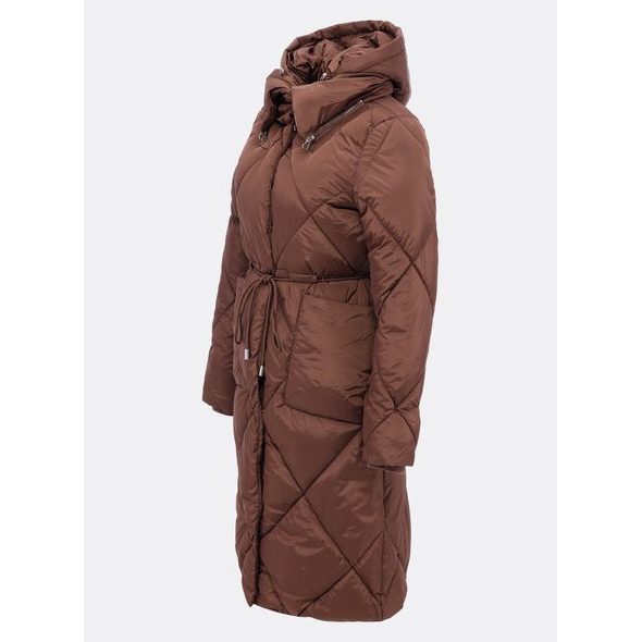 Dámská dlouhá prošívaná bunda s kapucí hnědá
