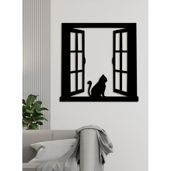 Dřevěný obrázek siluety kočky na okně
