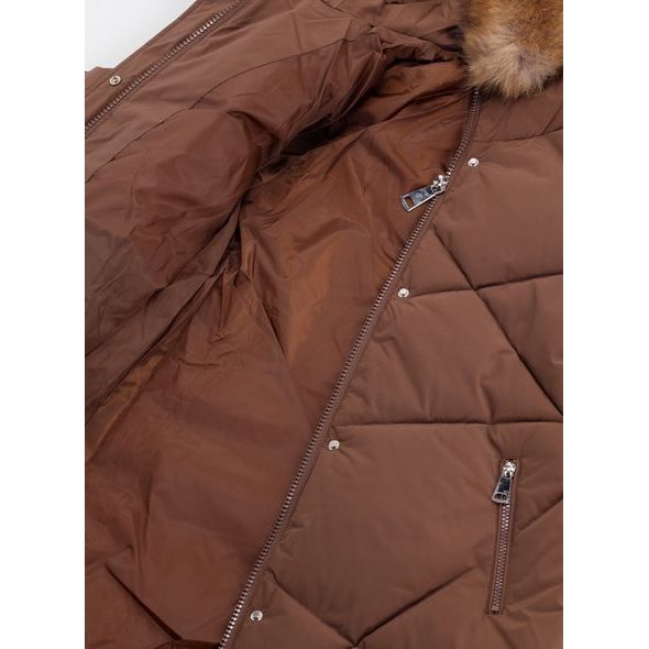 Dámska prešívaná zimná bunda s kapucňou hnedá