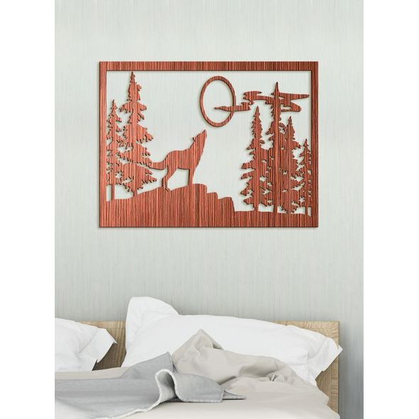 Dřevěný obrázek na stěně vlk