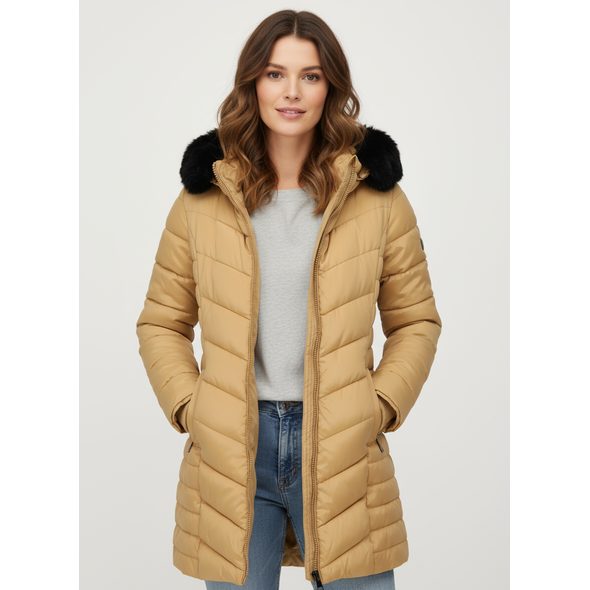 DÁMSKA PREŠÍVANÁ ZIMNÁ BUNDA S KAPUCŇOU BÉŽOVÁ