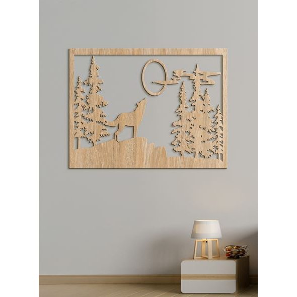 Dřevěný obrázek na stěně vlk