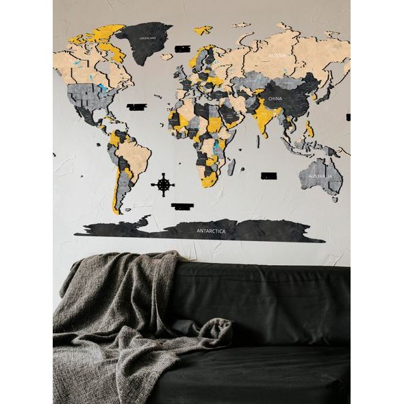 DŘEVĚNÁ MAPA SVĚTA ŽLUTÁ