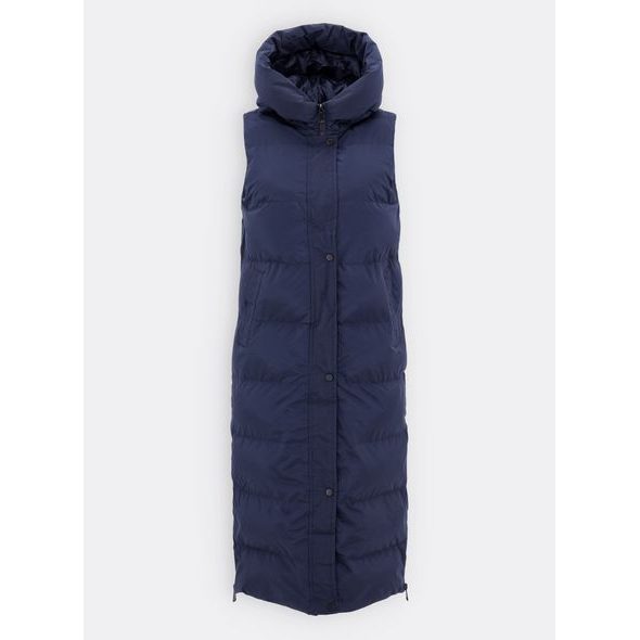 Dámská dlouhá prošívaná vesta s kapucí tmavě modrá