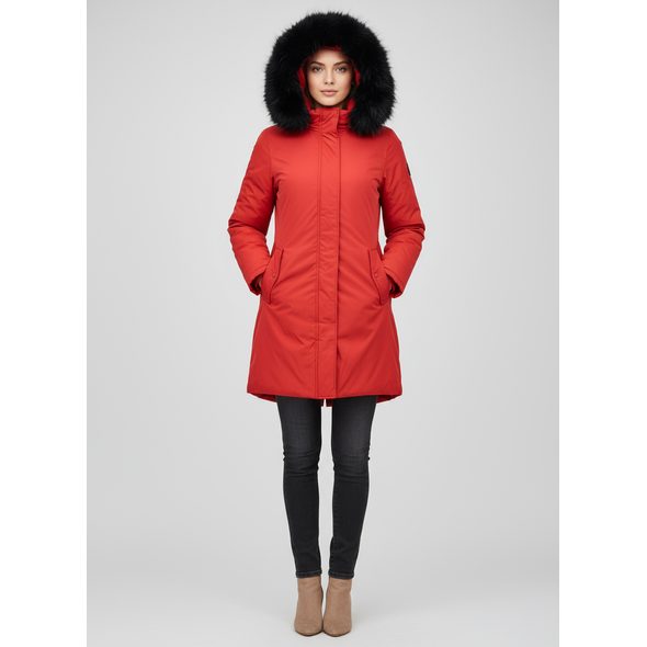 DÁMSKÁ OBOUSTRANNÁ BUNDA ČERVENO-ČERNÁ