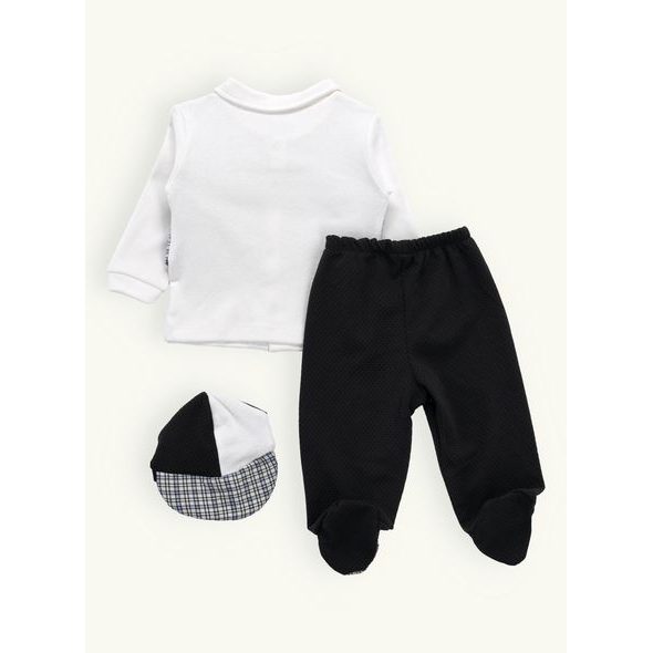 Dvoudílné tričko s našitou kostkovanou vestou a čepicí modré barvy