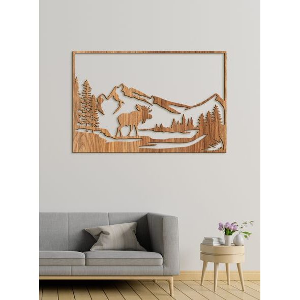 Dřevěný obraz Horská krajina s losem