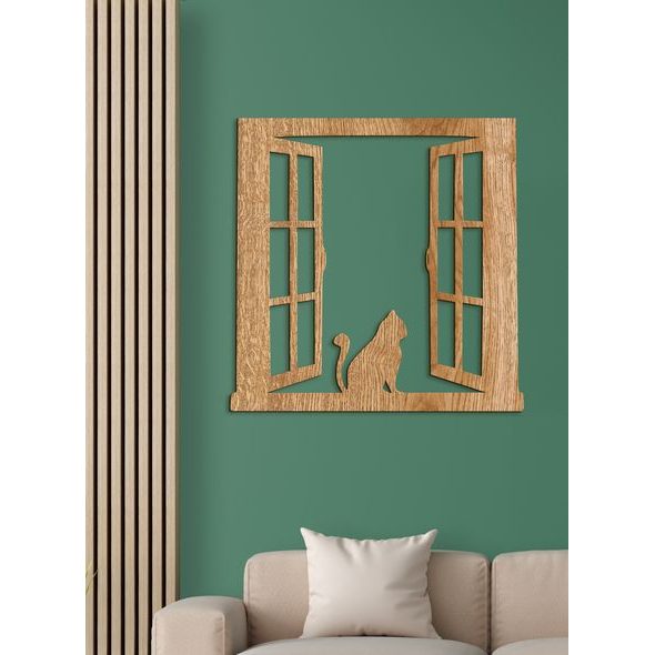 Dřevěný obrázek siluety kočky na okně