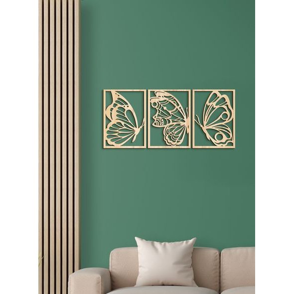 Třídílný dřevěný obrázek motýlů