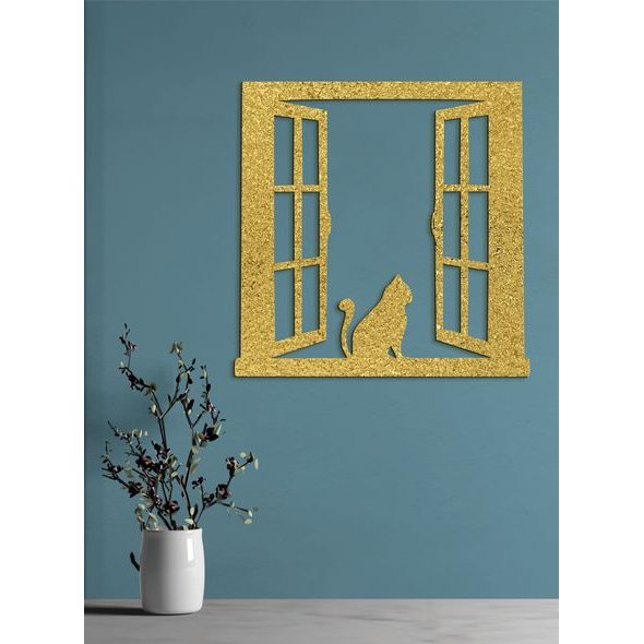 Dřevěný obrázek siluety kočky na okně