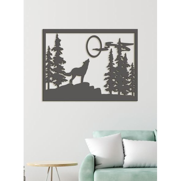 Dřevěný obrázek na stěně vlk