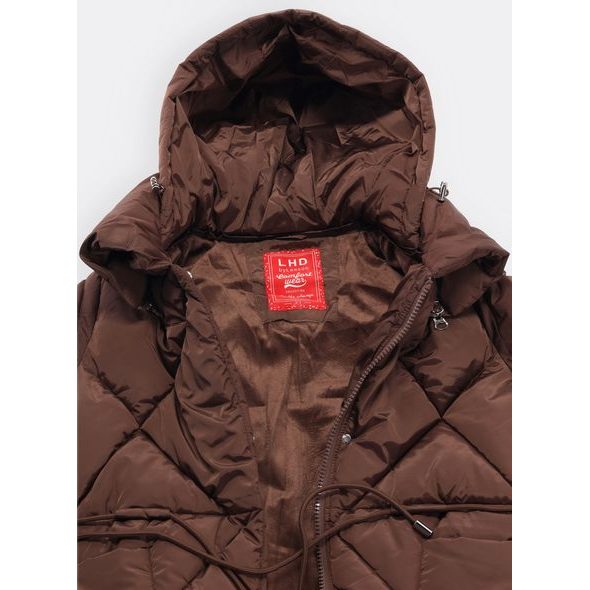 Dámská dlouhá prošívaná bunda s kapucí hnědá