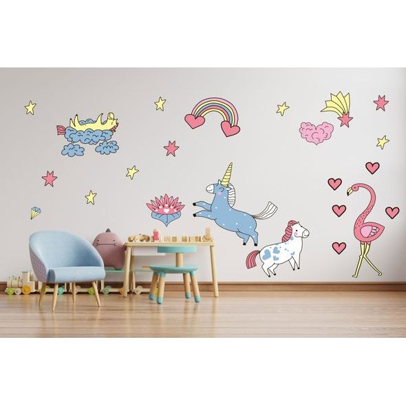 Farebný jednorožci s dúhou