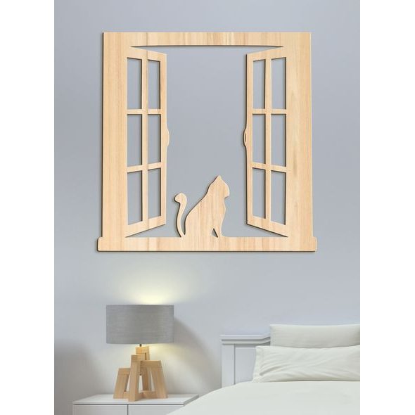 Dřevěný obrázek siluety kočky na okně