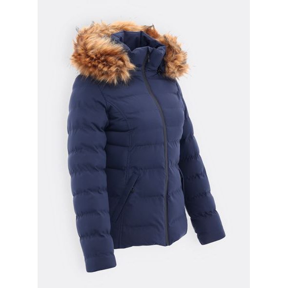 Dámská prošívaná bunda s kožešinou tmavě modrá
