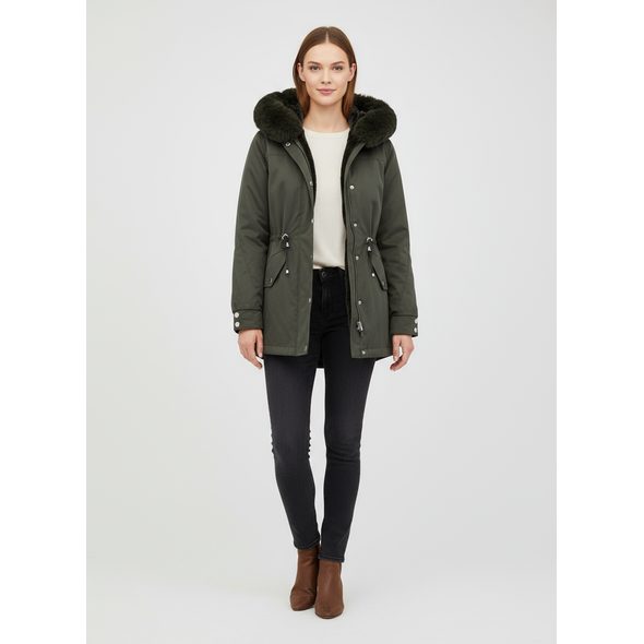 DÁMSKÁ ZIMNÍ BUNDA S KOŽEŠINOU KHAKI