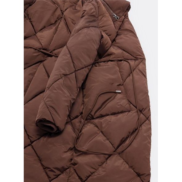 Dámská dlouhá prošívaná bunda s kapucí hnědá