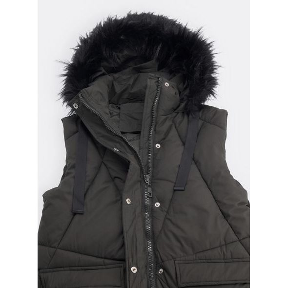 Dámská dlouhá prošívaná vesta s kožešinou tmavě zelená