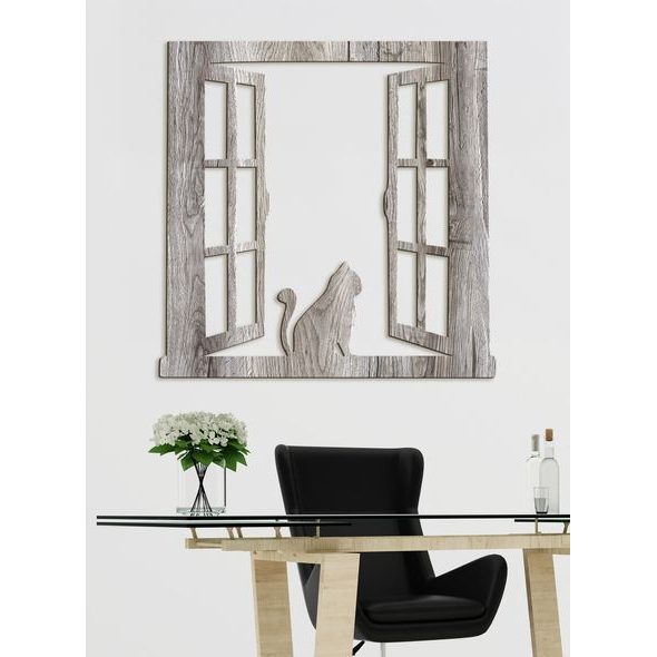 Dřevěný obrázek siluety kočky na okně