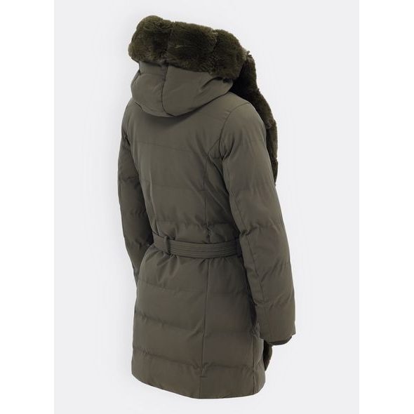 Dámska zimná bunda s kožušinou a opaskom tmavozelená
