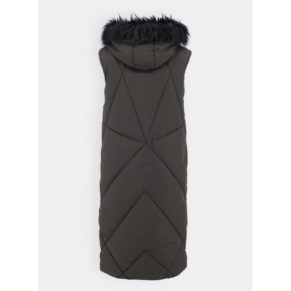 Dámská dlouhá prošívaná vesta s kožešinou tmavě zelená