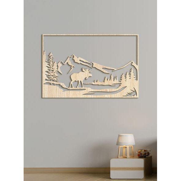 Dřevěný obraz Horská krajina s losem