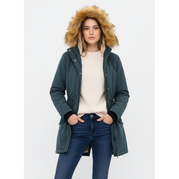 DÁMSKÁ ZIMNÍ BUNDA S KOŽEŠINOU TMAVĚ ZELENÁ