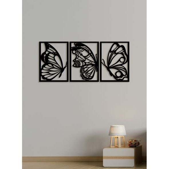 Třídílný dřevěný obrázek motýlů