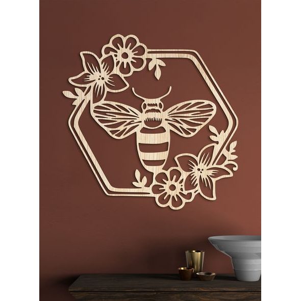 DŘEVĚNÝ OBRAZ VČELA S KVĚTINAMI